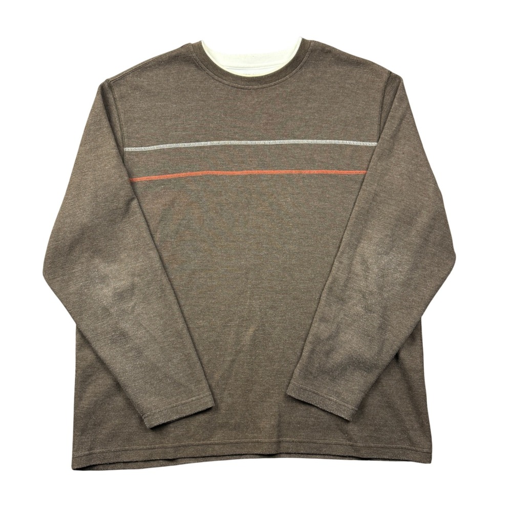 Y2K Faded Glory Mens XL Brown Long Sleeve Thermal Striped Shirt Dual Collar
